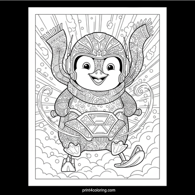 Penguin's Daring Snowmobile Flight - free printable coloring page