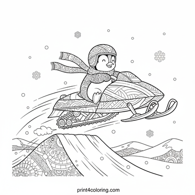 Penguin's Daring Snowmobile Leap - free printable coloring page