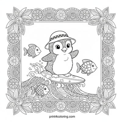 Baby Penguin's Zentangle Wave Ride - free printable coloring page