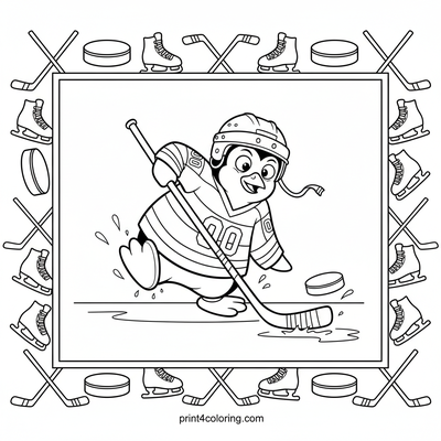 Wobbly Penguin's Hockey Dream - free printable coloring page