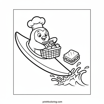 Wobbly Penguin's Picnic Paddle - free printable coloring page