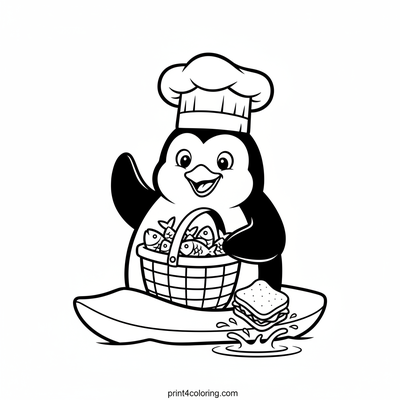 Chef Penguin's Wobbly Picnic Paddle - free printable coloring page