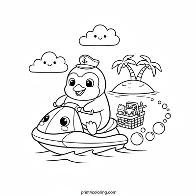 Captain Penguin's Jet Ski Picnic Race! - free printable coloring page