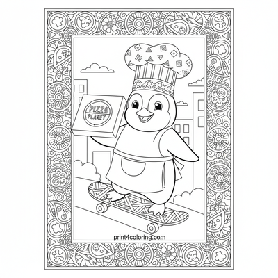 Pippin the Penguin's Pizza Power Skateboard Delivery - free printable coloring page
