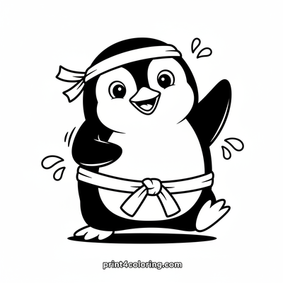 Master Pingu's Wobbly Warrior Pose - free printable coloring page