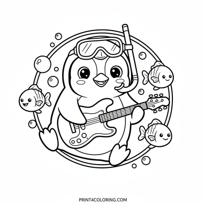 Penguin's Bubbly Guitar Jam - free printable coloring page