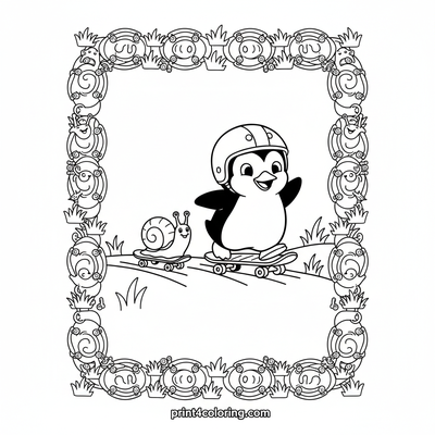 Wobbly Penguin Skateboard Race - free printable coloring page