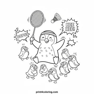 Penguin's Hilarious Badminton Bonanza! - free printable coloring page
