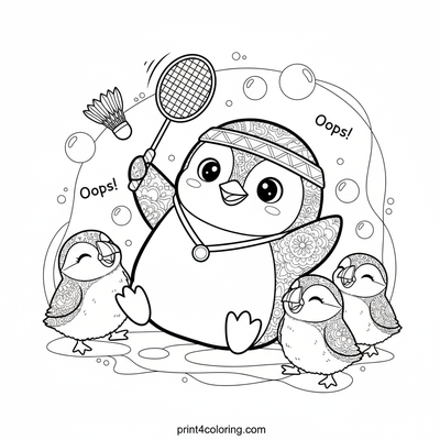 Wobbly Penguin's Hilarious Badminton Blunder - free printable coloring page