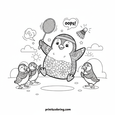 Penguin's Wobbly Volley Challenge - free printable coloring page
