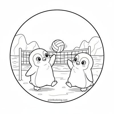 Wobbly Penguin Volleyball Fun - free printable coloring page