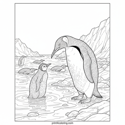 King Penguin Colony by the Sparkling Sea - free printable coloring page