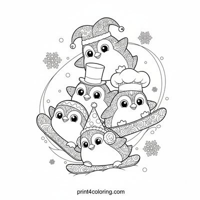 Silly Penguin Snowboard Stack-Up - free printable coloring page