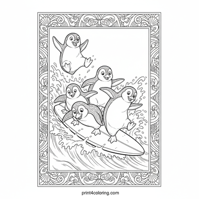Penguin Surf Team Tumble! - free printable coloring page