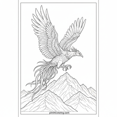 Majestic Phoenix Over Mystic Mountains - free printable coloring page