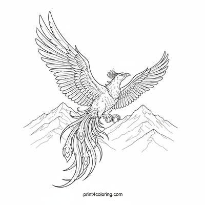 Phoenix's Majestic Flight Over Ancient Peaks - free printable coloring page