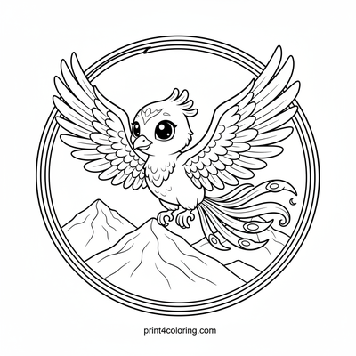 Graceful Phoenix Soaring Over Ancient Peaks - free printable coloring page