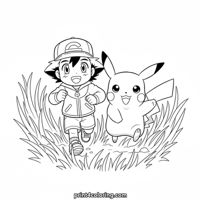 Ash and Pikachu's Sunny Field Race - free printable coloring page