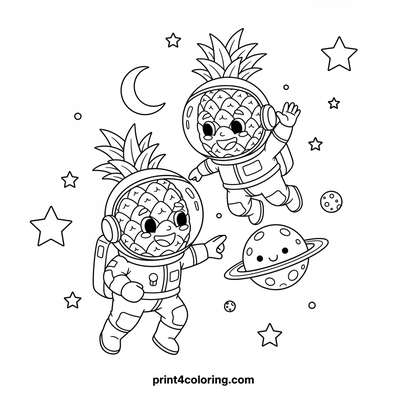 Pineapple Astronauts' Galactic Wave - free printable coloring page