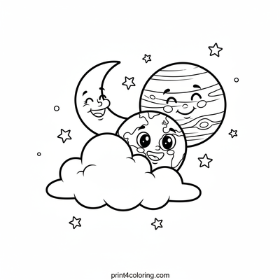 Cosmic Hide-and-Seek: Earth, Moon & Jupiter's Space Game - free printable coloring page
