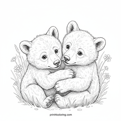 Sunny Tumble: Playful Bear Cubs in the Meadow - free printable coloring page