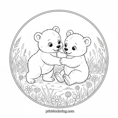 Meadow Romp: Playful Bear Cubs Tumble - free printable coloring page