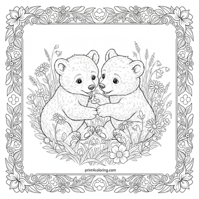 Playful Bear Cubs in a Wildflower Meadow - free printable coloring page