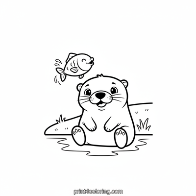 Smiling Otter and Leaping Fish - free printable coloring page