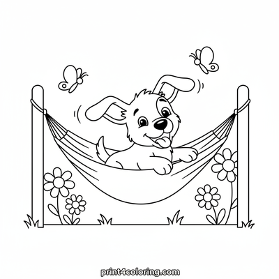 Happy Puppy's Hammock Playtime - free printable coloring page