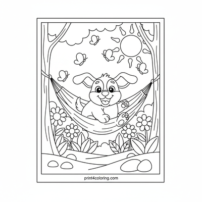 Playful Puppy's Sunny Hammock Swing - free printable coloring page
