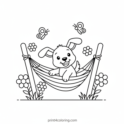 Happy Puppy's Hammock Adventure - free printable coloring page