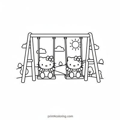 Hello Kitty and Mimmy's Joyful Swing - free printable coloring page