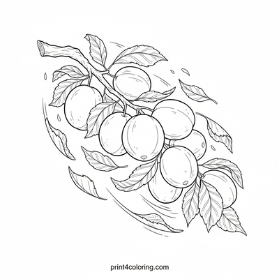 Ripe Plums on a Breezy Branch - free printable coloring page