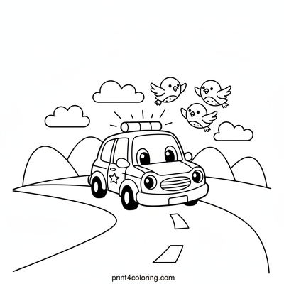 The Friendly Police Car's Bird Chase - free printable coloring page