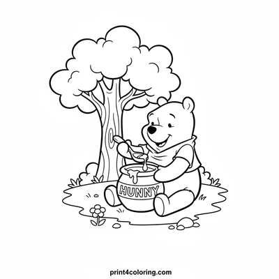 Winnie the Pooh's Hunny Tree Feast - free printable coloring page