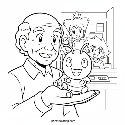Professor Oak and Caterpie's Friendly Introduction - free printable coloring page