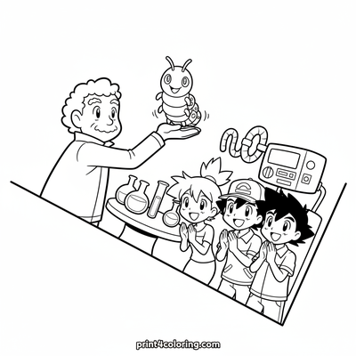 Professor Oak Introduces Friendly Caterpie - free printable coloring page