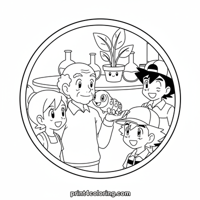 Professor Oak Introduces Friendly Caterpie - free printable coloring page