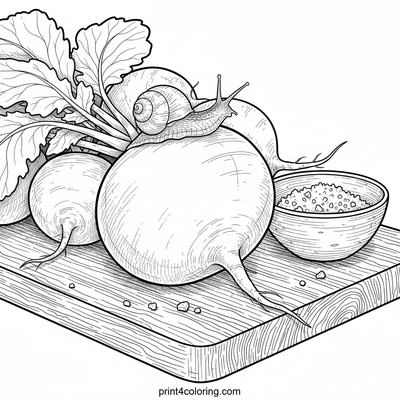 Curious Snail on Fresh Radishes - free printable coloring page