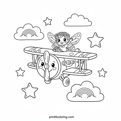 Fairy's Rainbow Cloud Biplane Adventure - free printable coloring page