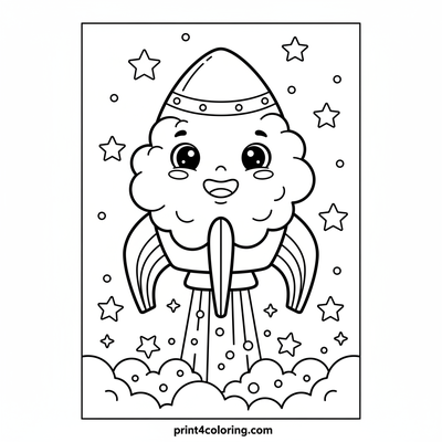 Whimsical Rainbow Cloud Rocket Adventure - free printable coloring page