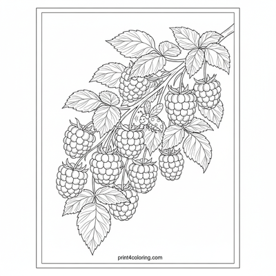 Ripe Raspberry Bush Harvest - free printable coloring page