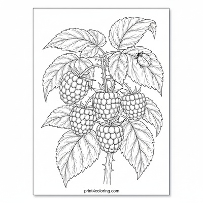 Raspberry Bush Delights: A Ladybug's Sweet Perch - free printable coloring page