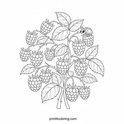 Bountiful Raspberry Bush with Ladybug Friend - free printable coloring page