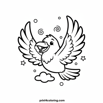 Smiling Raven's Acrobatic Flight - free printable coloring page