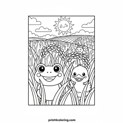Hide-and-Seek in the Rice Paddy - free printable coloring page