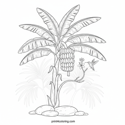Tropical Banana Bounty: A Hummingbird's Visit - free printable coloring page
