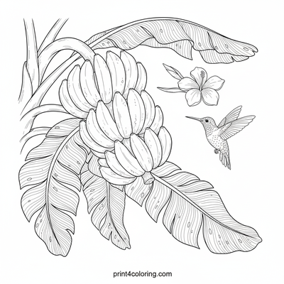 Tropical Banana Harvest with a Hummingbird Friend - free printable coloring page