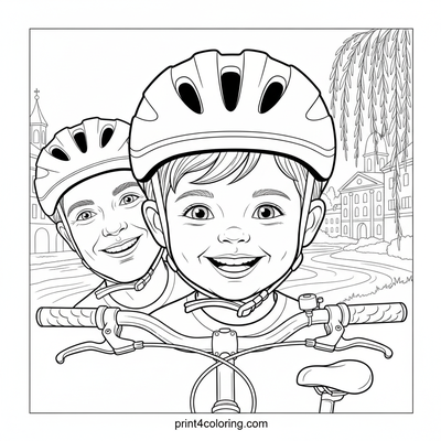 Riverside Family Cycling Journey - free printable coloring page