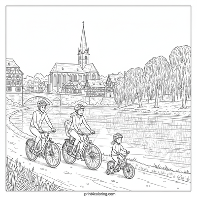 Riverside Family Bike Adventure - free printable coloring page